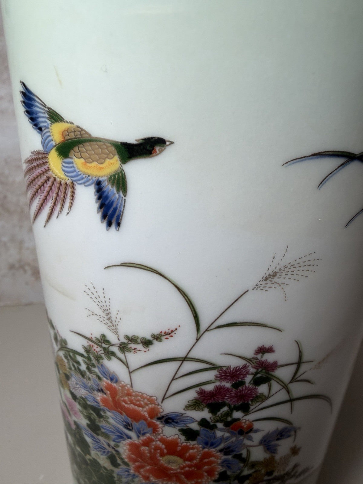 Vintage Japanese Porcelain Vase Green Floral Bird Motif Hand Painted Gold Trim