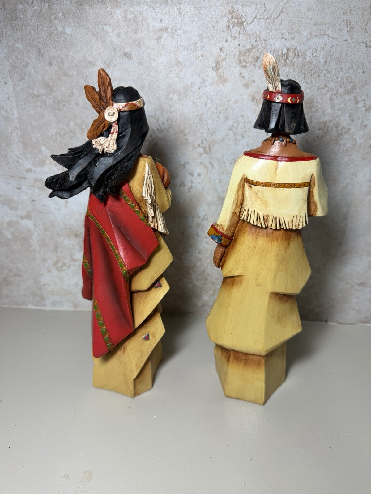 Vintage Pacific Rim Cubist Native American Man Woman Resin Sculpture Pair