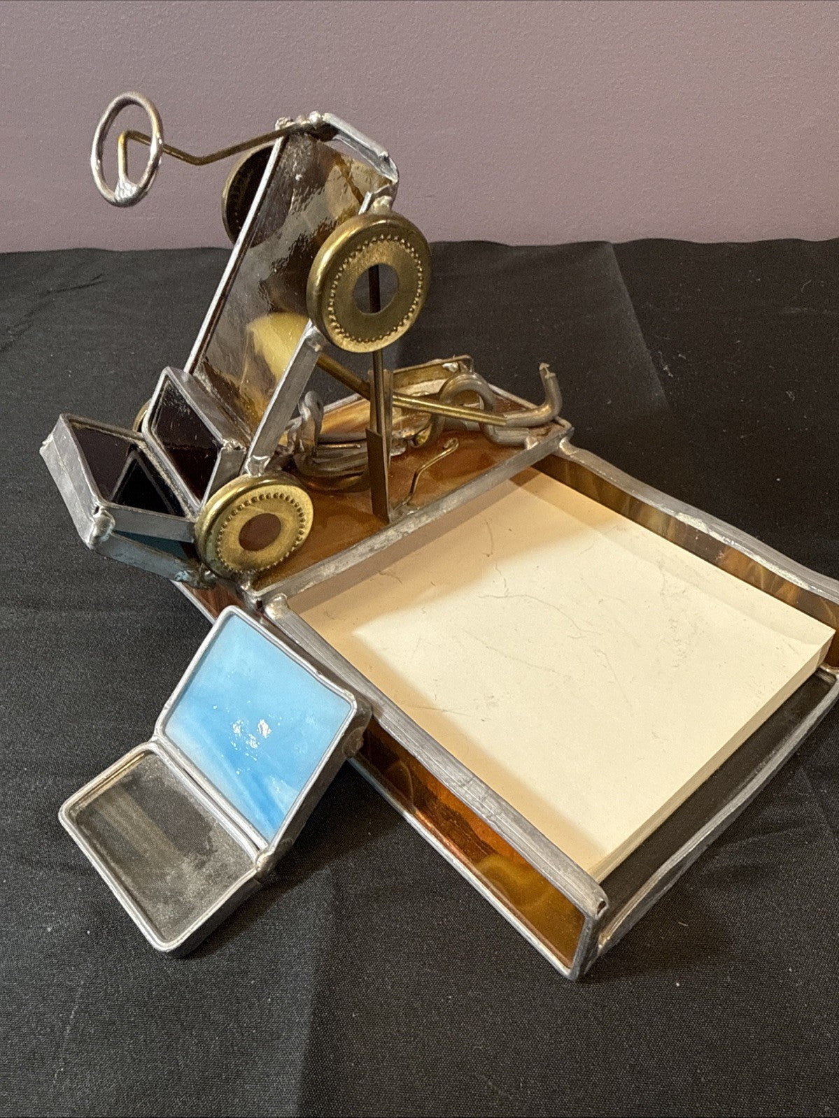 Vintage Carl Goeller Stained Glass Art Desktop Notepad Card Holder Car Repair