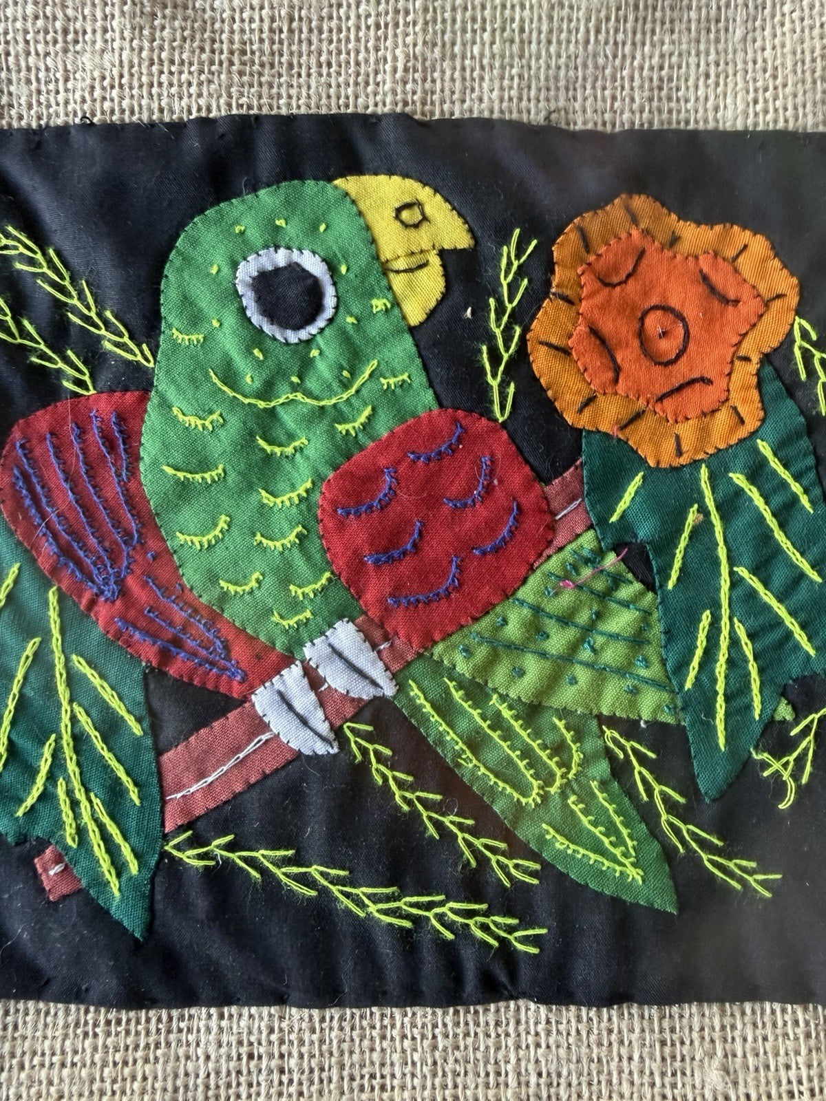 Vintage Mola Applique Parrot Burlap Tote Bag Folk Art Bamboo Handles