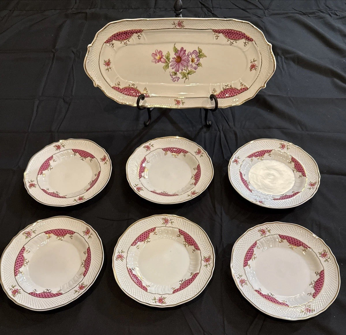 Hollóházi Henriett Pattern Cake Plate Set of 6 w/Matching Serving Tray Hungary