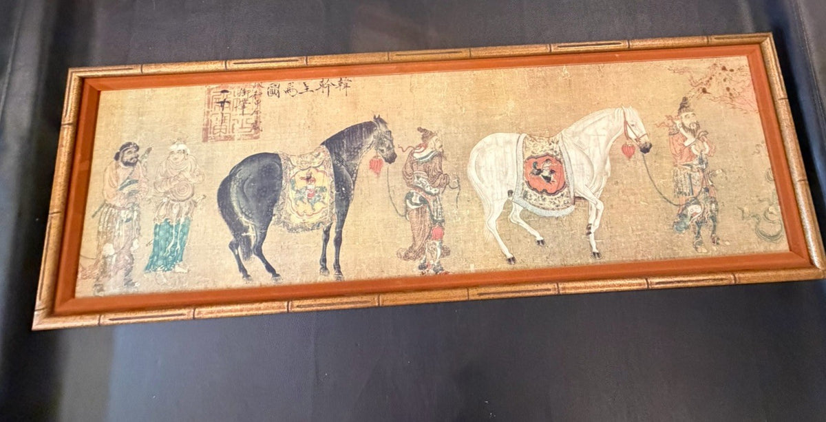 Vintage Chinese Silk Painting Horses Groom Tributary Art Faux Bamboo Frame 42x14