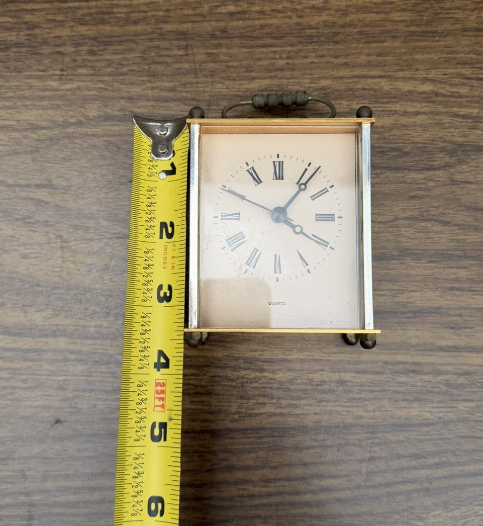 Vtg Mini Brass Carriage Clock Gold Silver Tone Quartz Roman Numeral Desk Shelf
