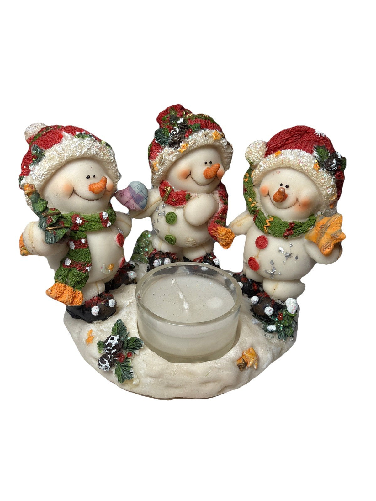 Snowman Votive Candle Holder 3 Snowmen Holiday Decor 4 1/2 tall