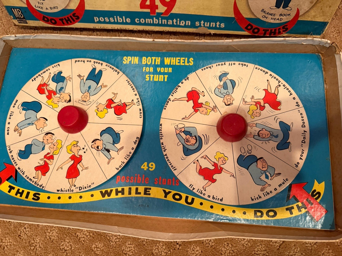 Vintage 1950s Milton Bradley Party Stunts 4317 Dual Spinner Complete Game Box MB