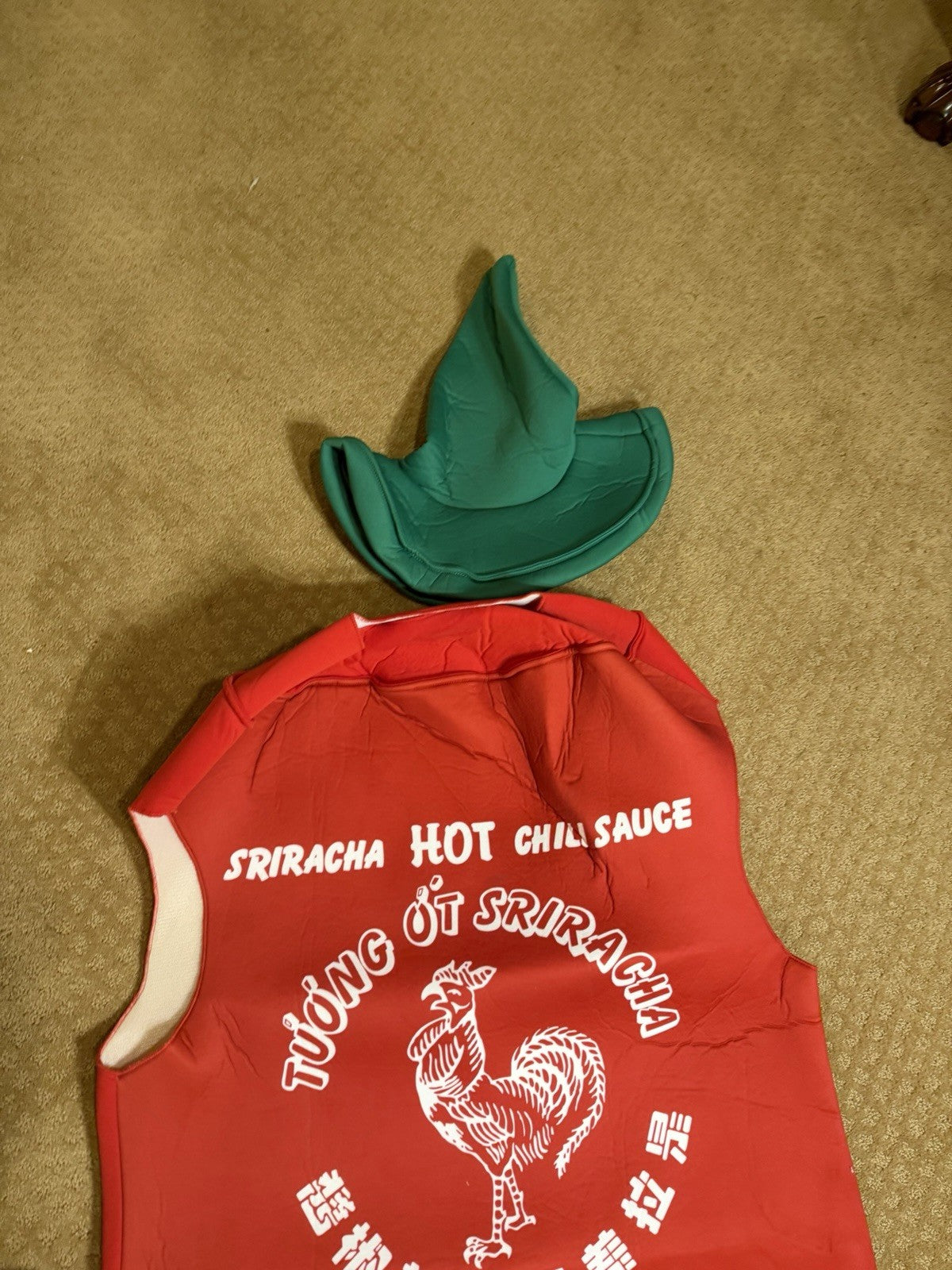 Brandai Sriracha Hot Sauce Costume Adult Red Tunic Green Hat Halloween Outfit