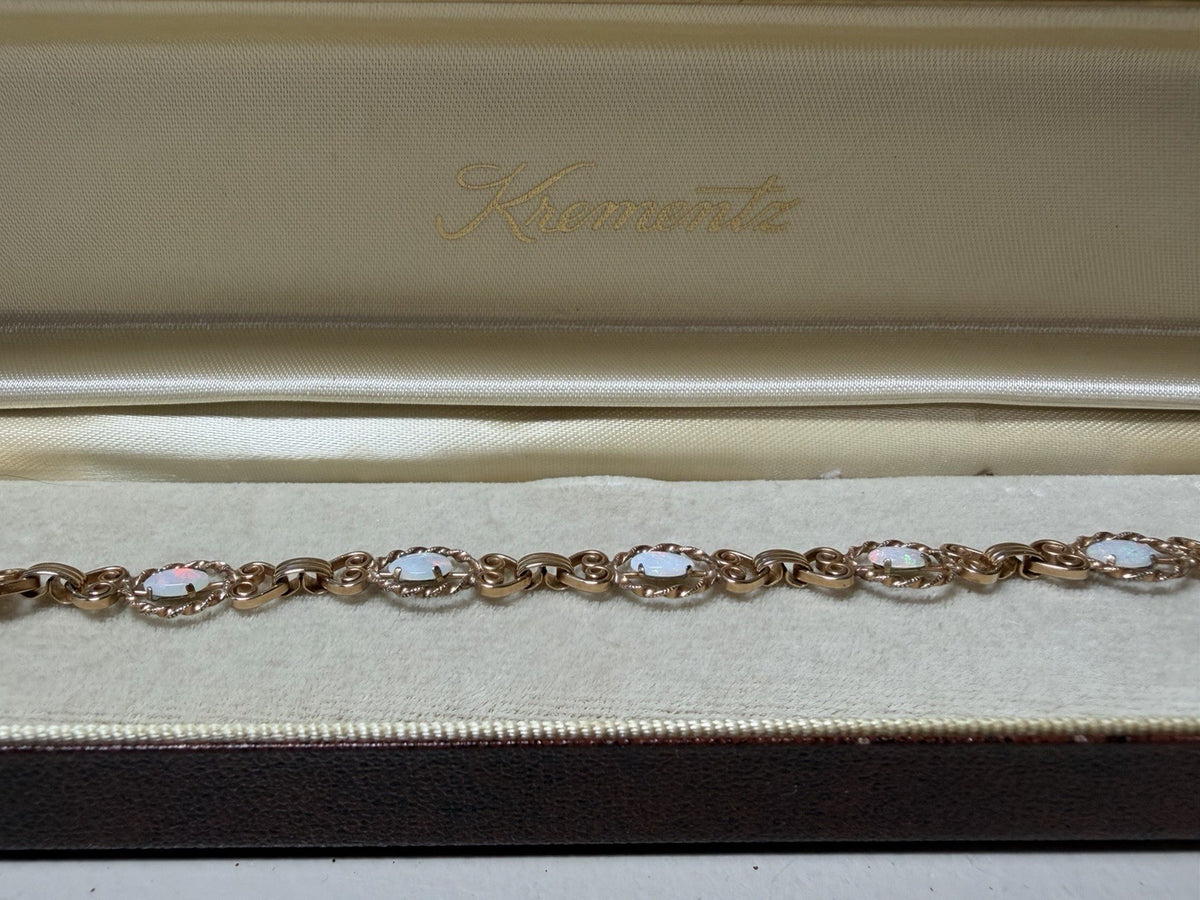 Vintage Krementz Gold Tone Genuine Opal Link Bracelet Original Box Jewelry
