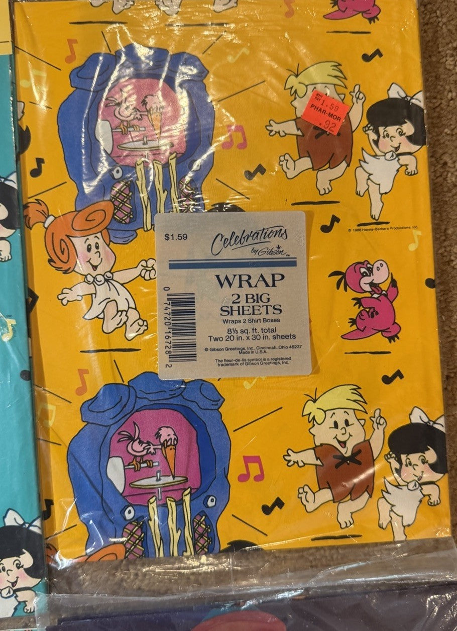 Vintage Gift Wrap Lot 6 Sealed Packs Flintstones Jetsons Hunchback Notre Dame