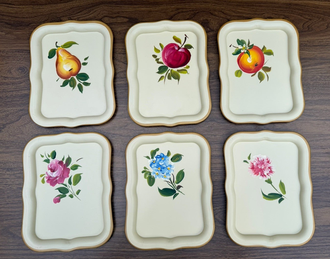 Vintage Mini Metal TV Tray Set 6 Fruit Flower Vanity Trays Cream 8.75 Inch