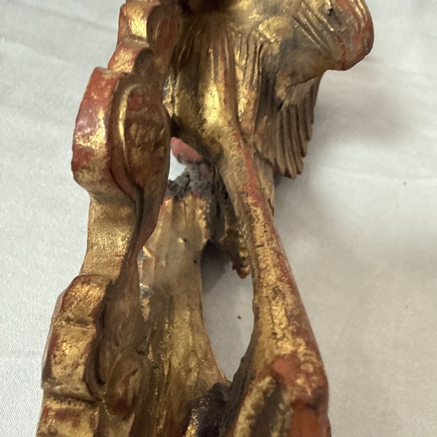 Antique Chinese Qing Dynasty Wood Temple  Red & Gilt Panel Dragon Fragment 7”x3”