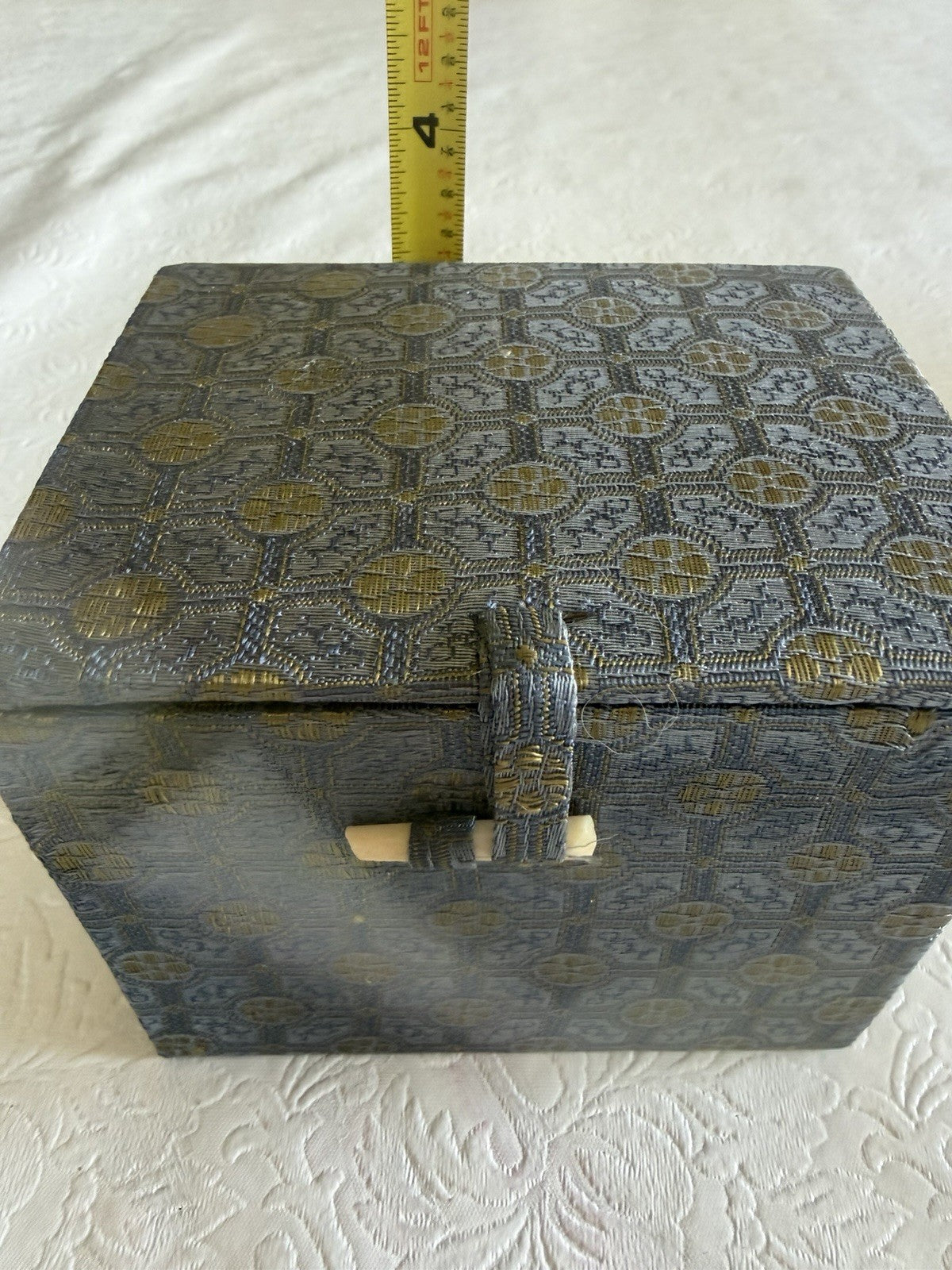 Vintage Blue Gold Brocade Fabric Storage Box Bone Latch Red Silk Interior