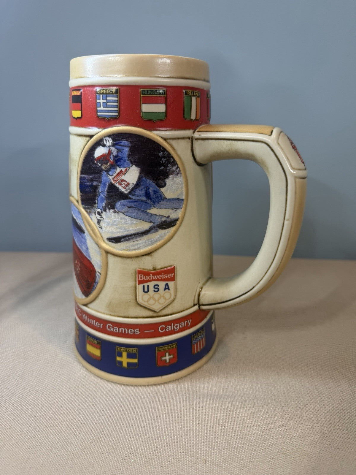 Vintage 1988 Budweiser Calgary XV Olympic Winter Games Beer Stein Ceramarte
