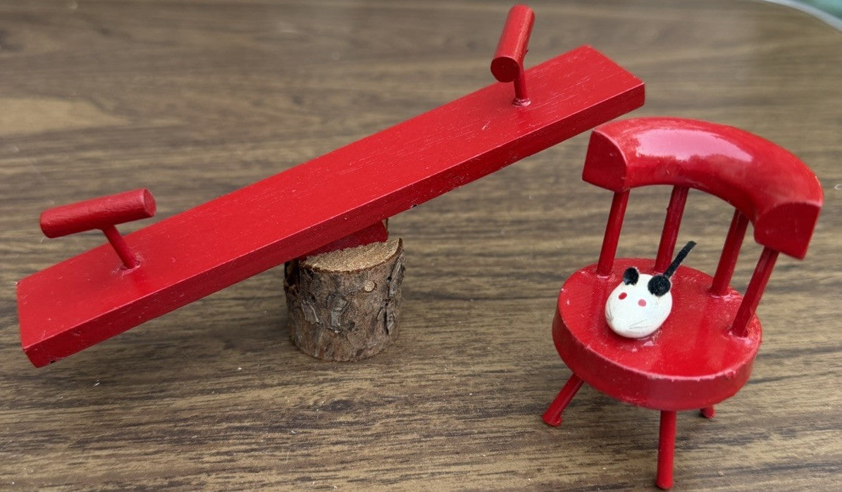 Vintage Miniature Wooden Seesaw Red Captain Chair Mouse Dollhouse Playground Lot