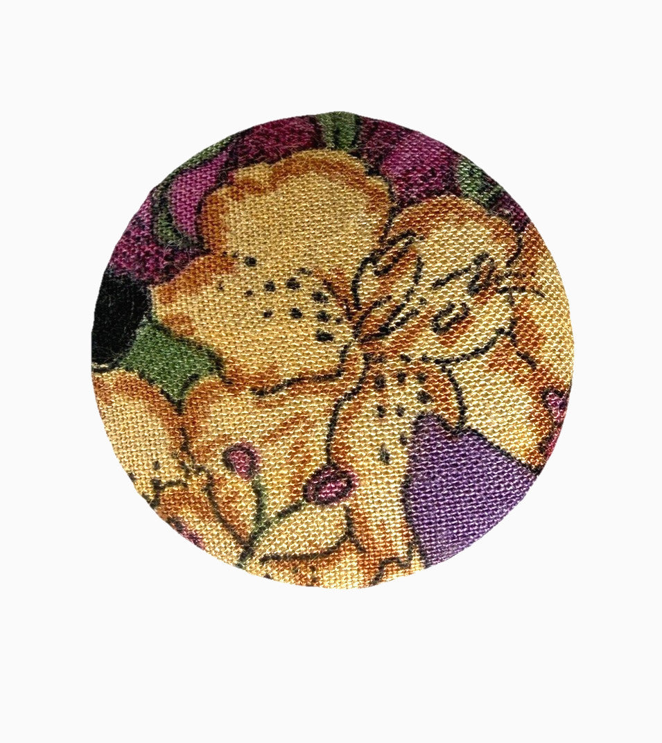 Vintage Fabric Covered Button Ponytail Holder Floral Hair Tie Metal Back Retro