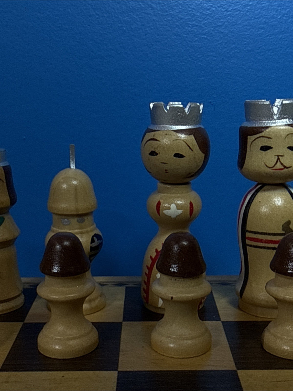 Vintage Japanese Kokeshi Wood Chess Set Hand Painted Pieces Folding Board Boxes