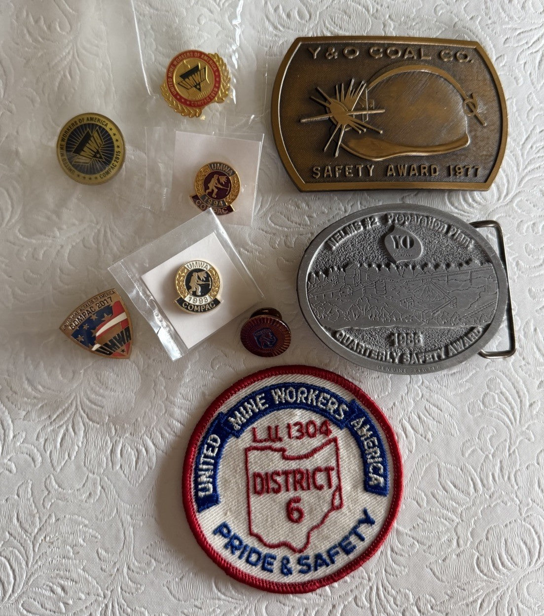 Vintage UMWA Union Y&O Coal Belt Buckles Lapel Pins District 6 Patch Lot
