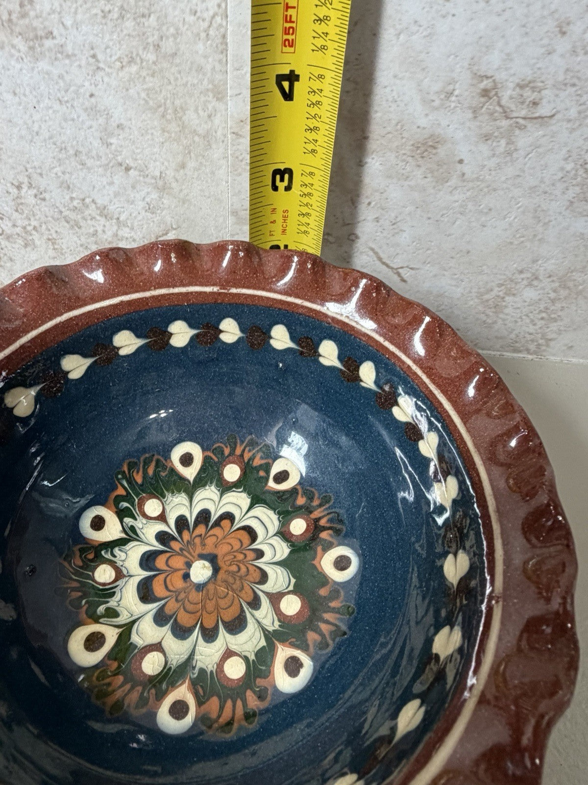 Vintage Mexican Folk Art Pottery Pitcher Salt Bowls Set Blue Brown Hand Painted