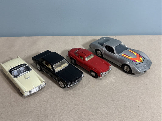 Vintage Diecast Car Lot 4 Mustang Corvette Mercedes Thunderbird 1/30 1/36 Scale