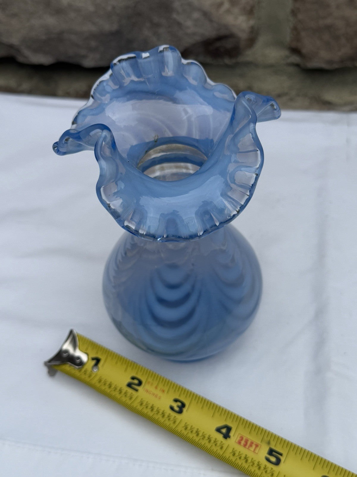 Vintage Fenton Blue Opalescent Drapery Vase Ruffled Tri-Fold Crimped Edge 6"