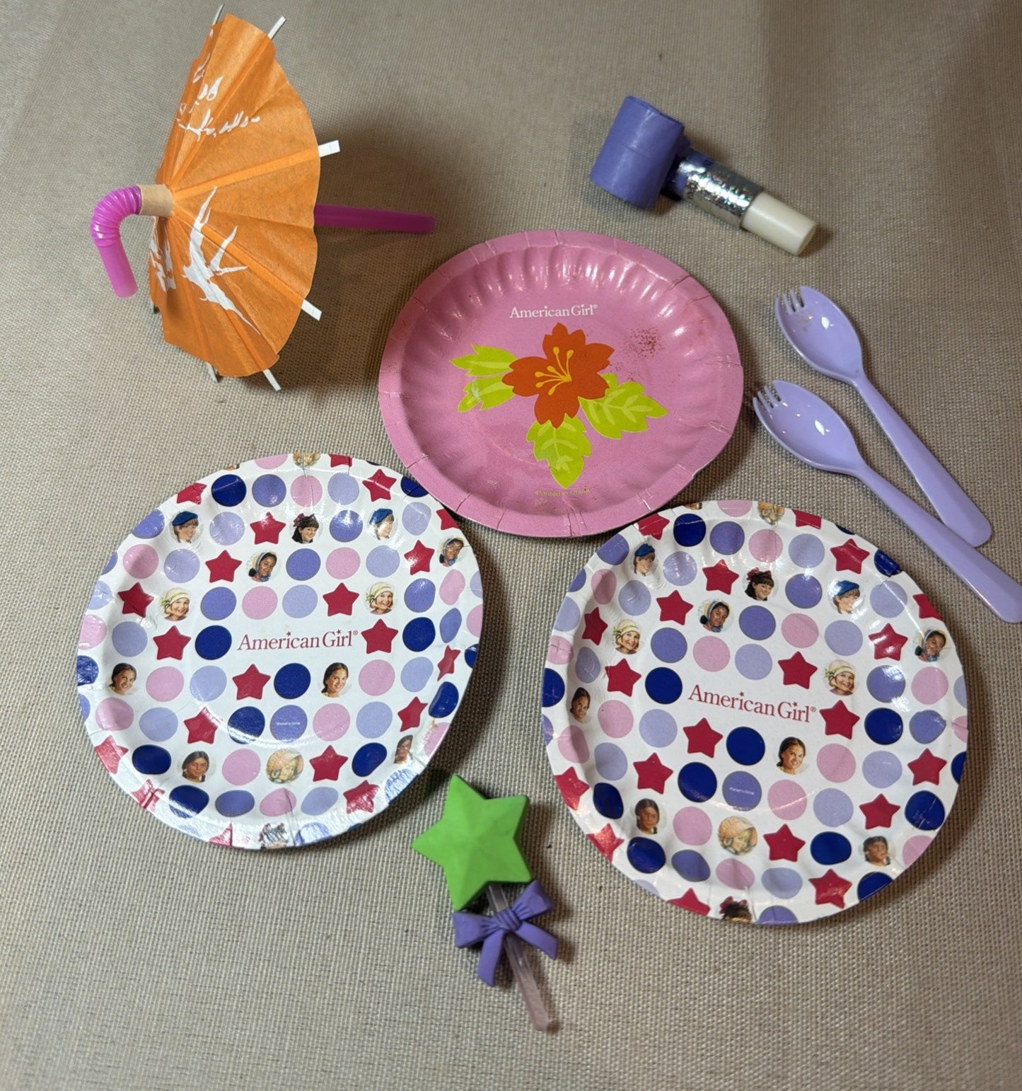 American Girl Doll Party Accessories Lot Plates Cups Decorations 3" 4"