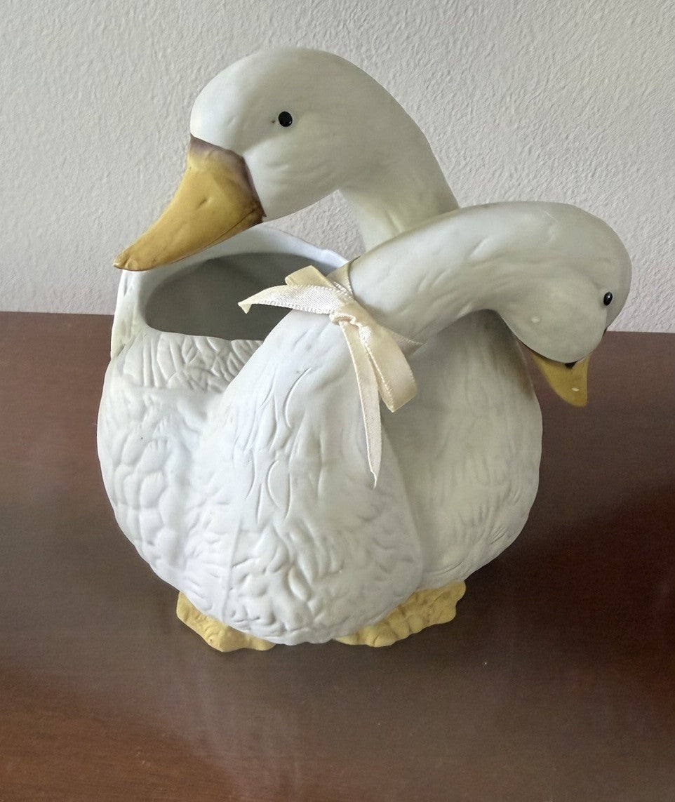 Vintage Holland Floral Goose Duck Ceramic Cachepot Planter 5" White Pair