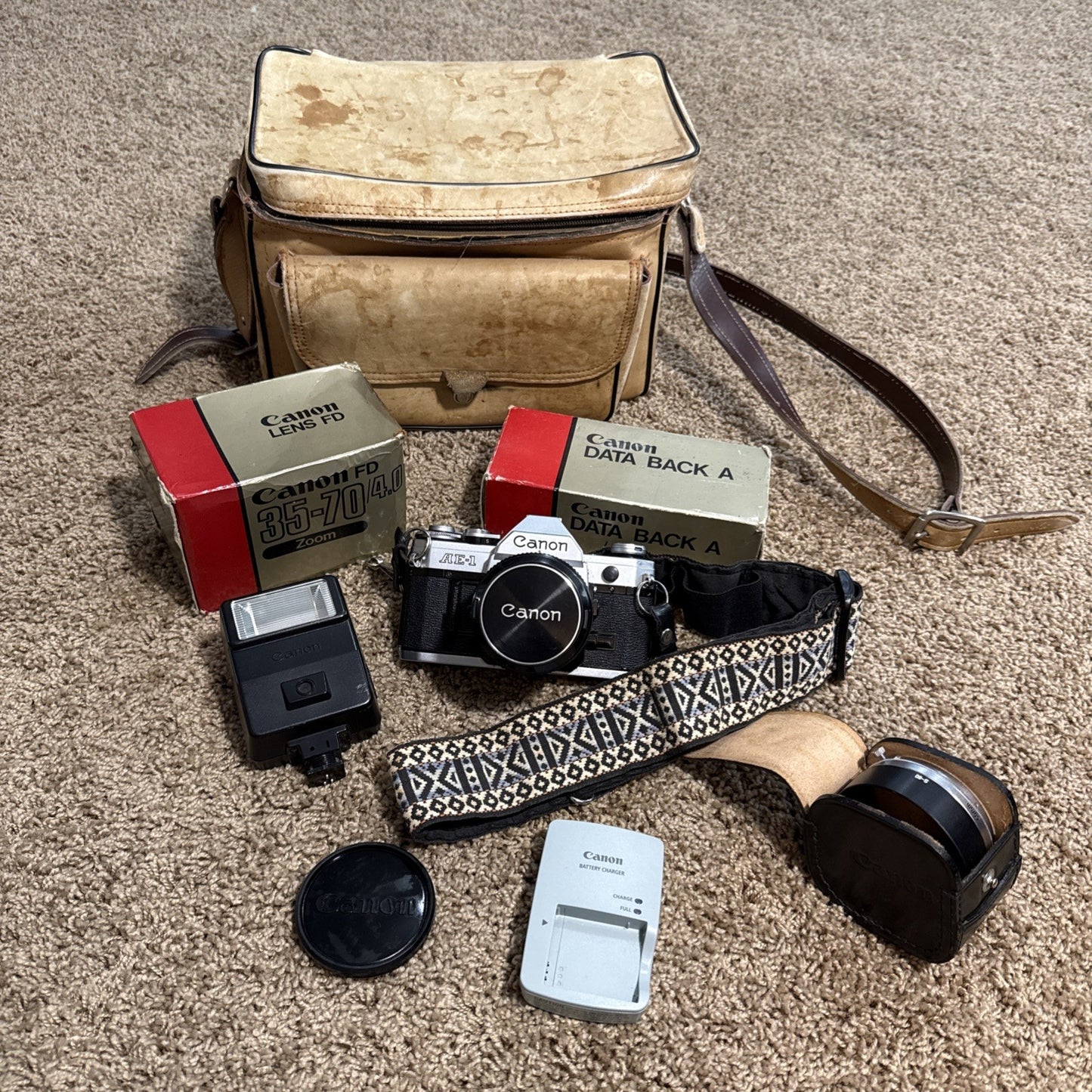 Canon AE-1 Program 35mm Film Camera Kit 50mm Lens Working with vintage case
