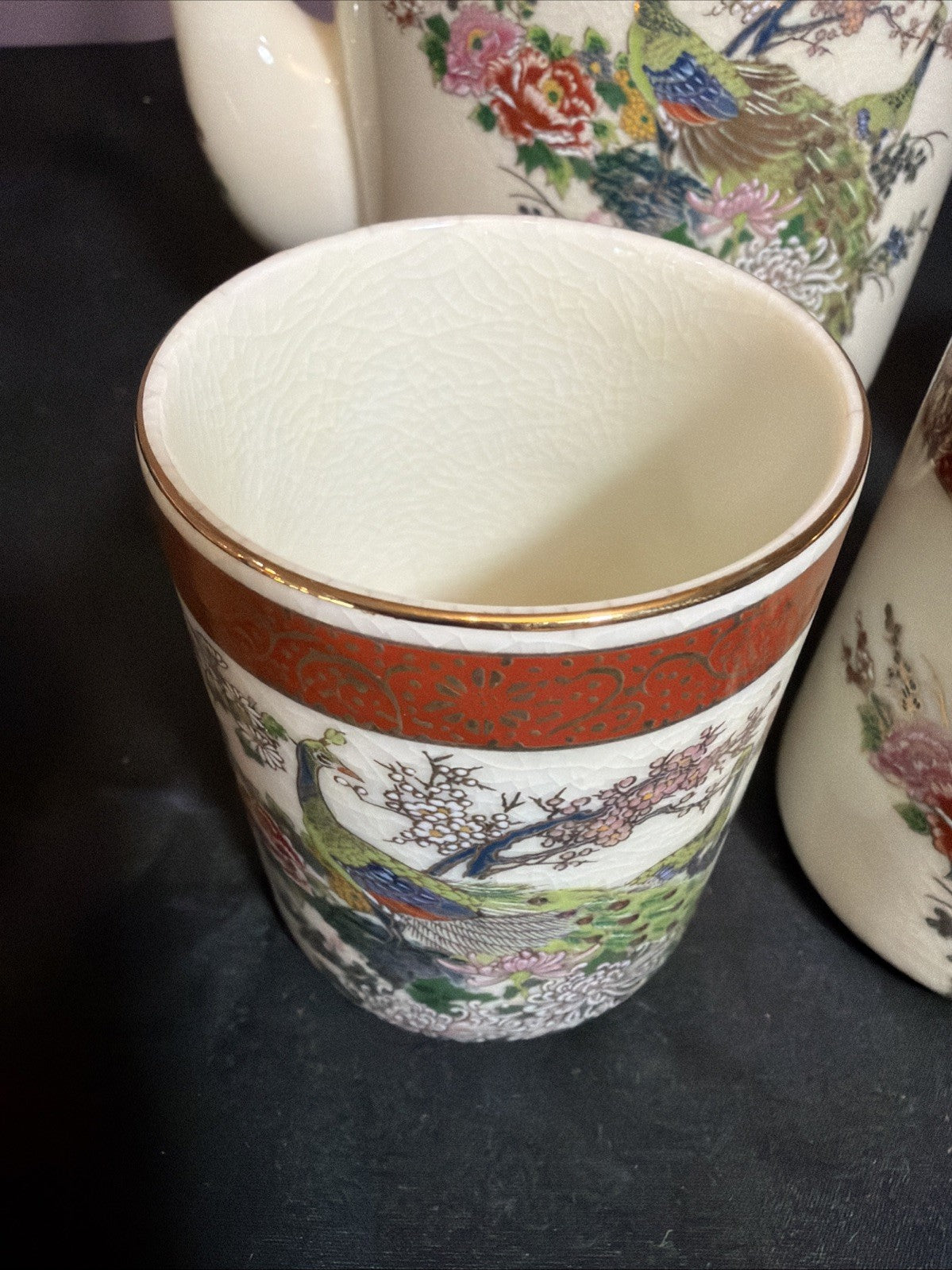 1979 Satsuma Japan Peacock Tea Set Gold Trim Rattan Handle Vintage