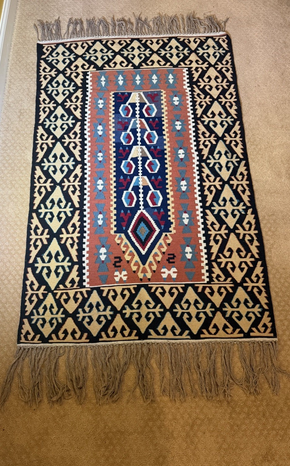 Vintage Turkish Kilim Flat Weave Rug Runner Geometric Tribal Wool Fringe Handmad