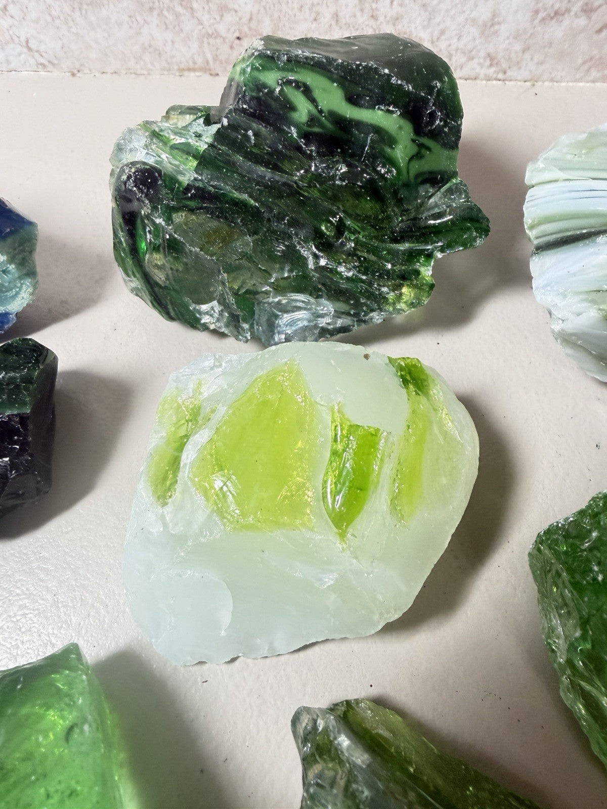 Raw Slag Glass Cullet Chunks Green Blue White Craft Stones Lot of 15 items