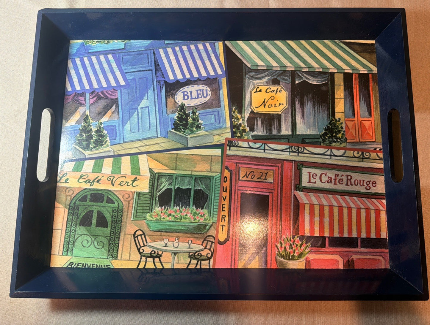French Street Scene Serving Tray with Navy Blue Handles 14.5" x 9.5"