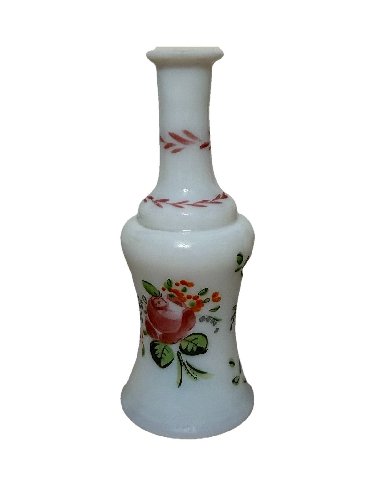 Vintage Milk Glass Perfume Bottle Hand Painted Floral 5" No Stopper