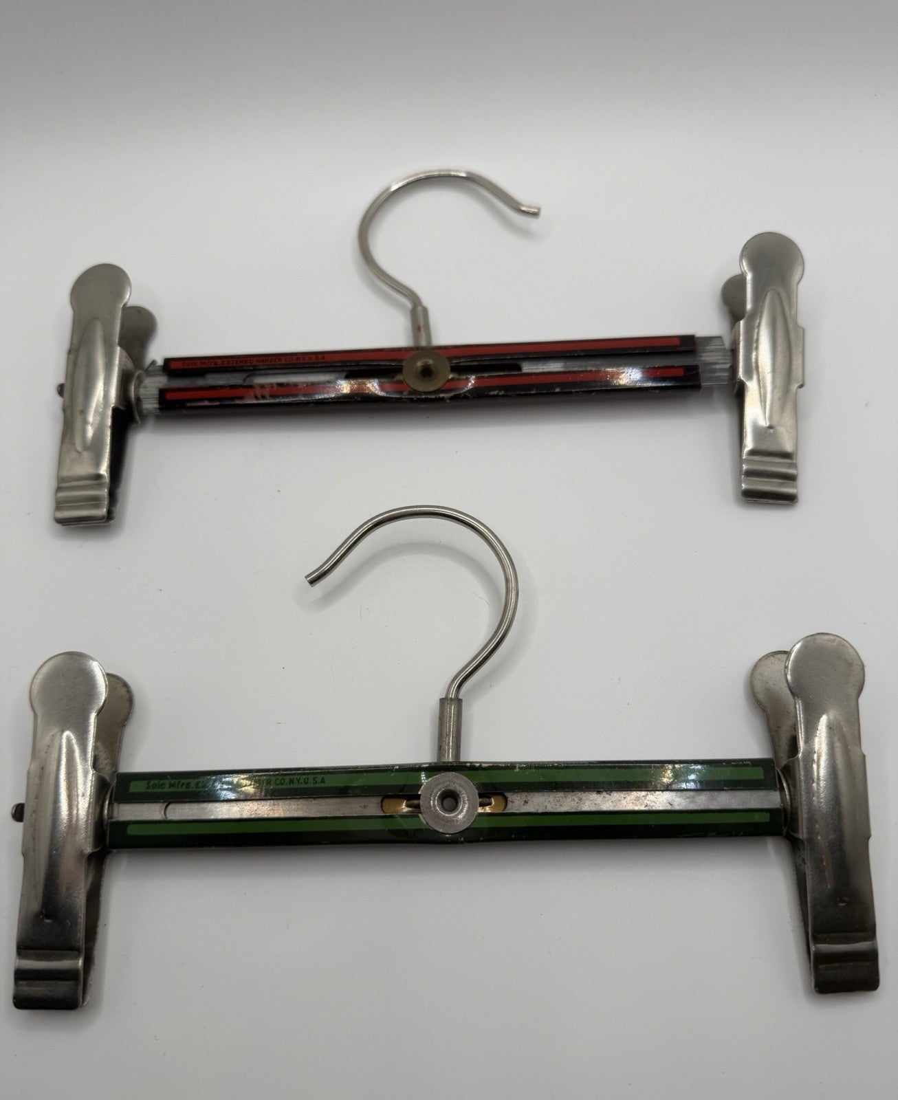 Vintage Grims Pres-Gard Adjustable Hangers Set of 2 Green Red Metal Patented