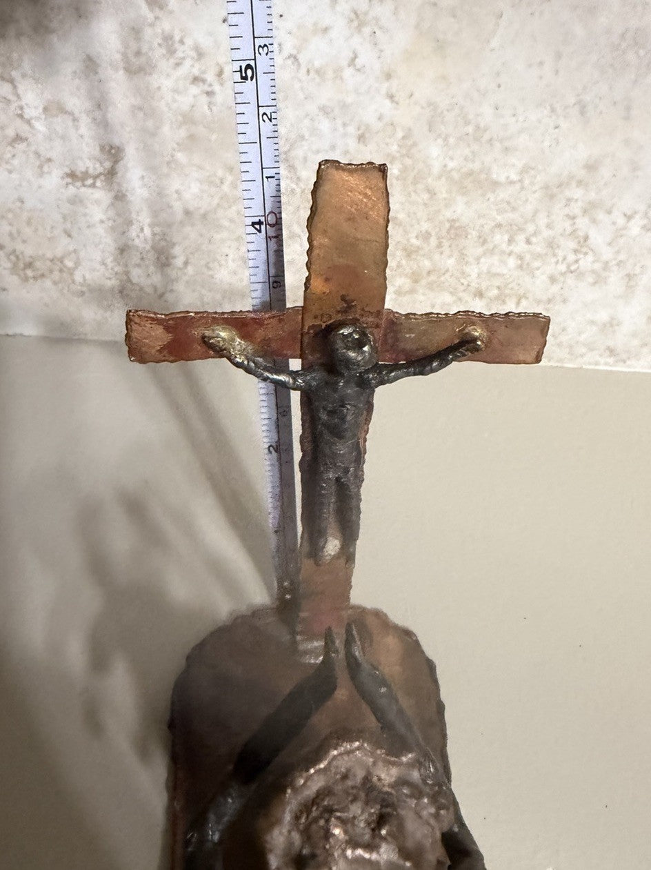 Vintage Handcrafted Metal Sculpture Praying Figure at Cross Religious Folk Art