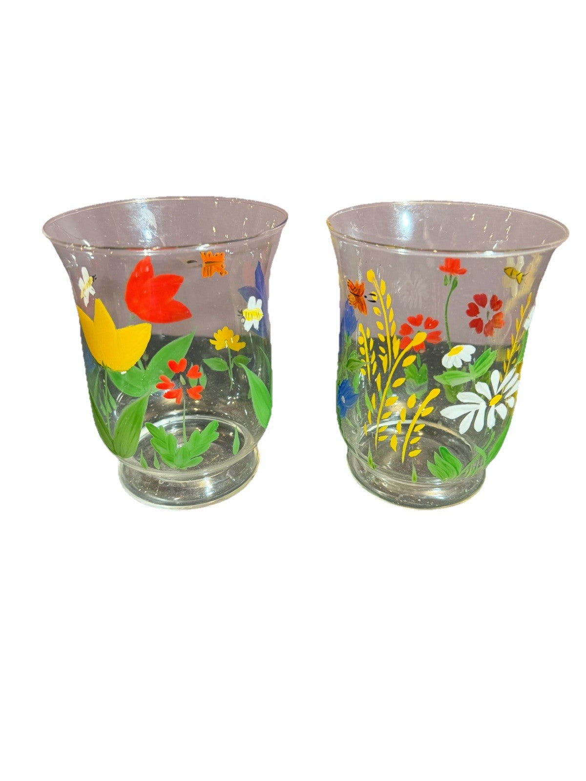 Hand Blown Glass Hurricane Votive Set Floral Candle Holders Set of 2