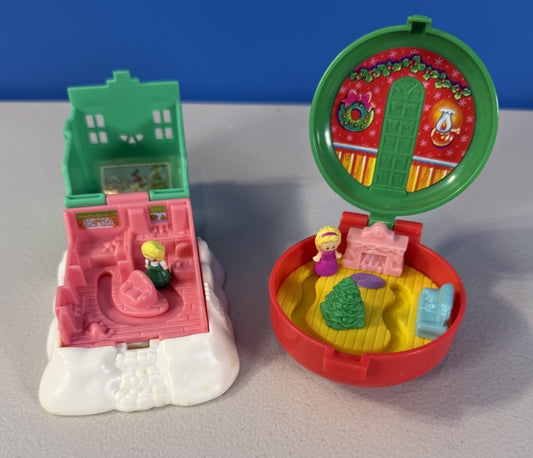 Vintage Bluebird Polly Pocket Christmas Holiday House Wreath Compact Set 2 Dolls