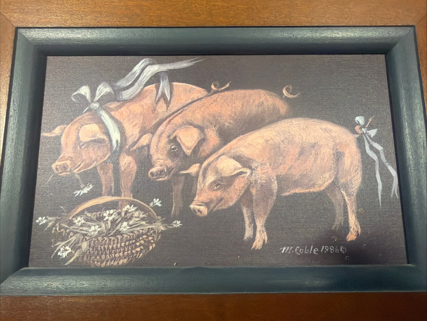 Handpainted Pig Art Print Signed M Coble 1986 Framed Farmhouse Artwork