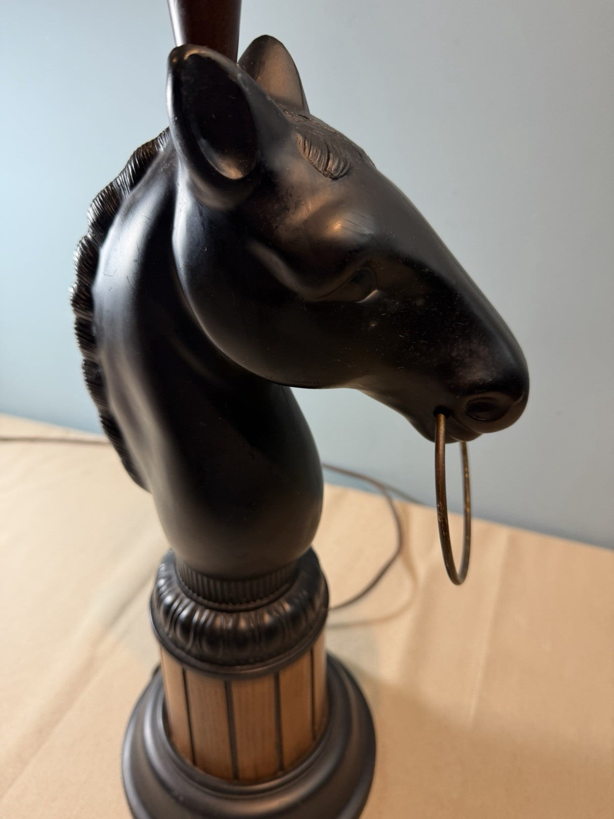 Vintage Horse Head Table Lamp Black Wood Grain Mid Century Figural Equestrian