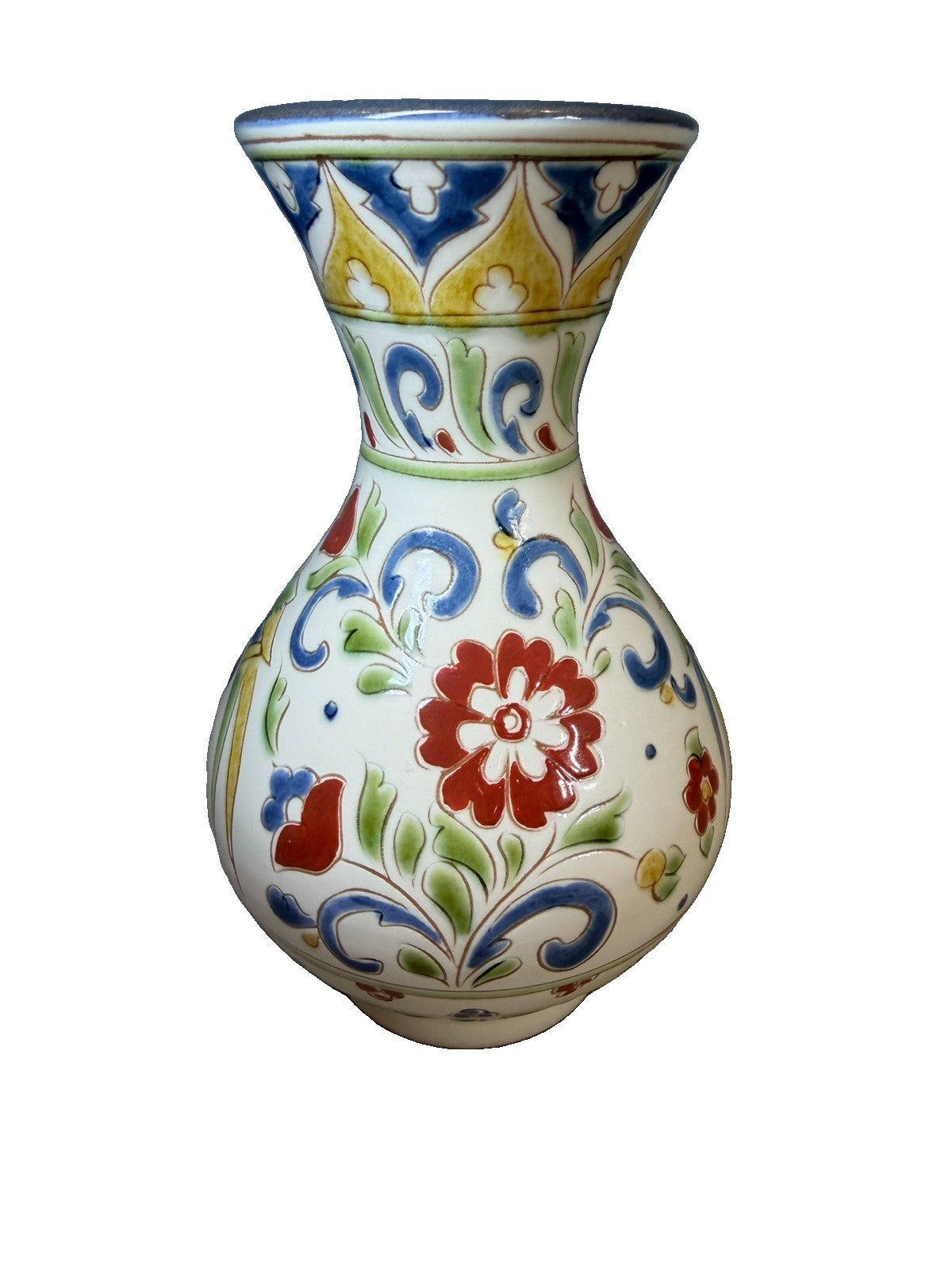 Vintage Talavera Style Hand Painted Ceramic Flower Vase Floral Scroll Folk Art