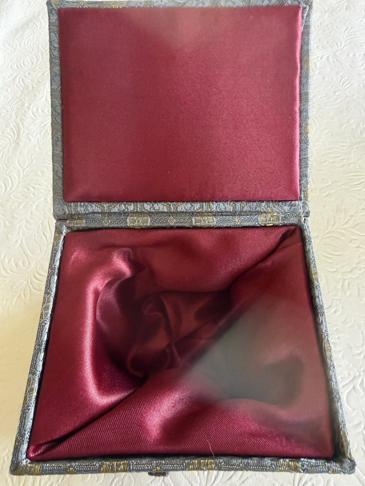 Vintage Blue Gold Brocade Fabric Storage Box Bone Latch Red Silk Interior
