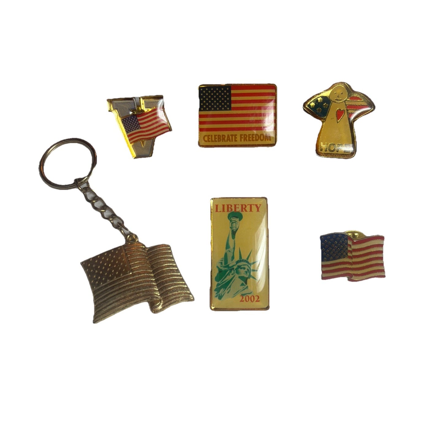 Vintage Patriotic Lapel Pin Lot American Flag Keychain Liberty 2002 Victory Pin