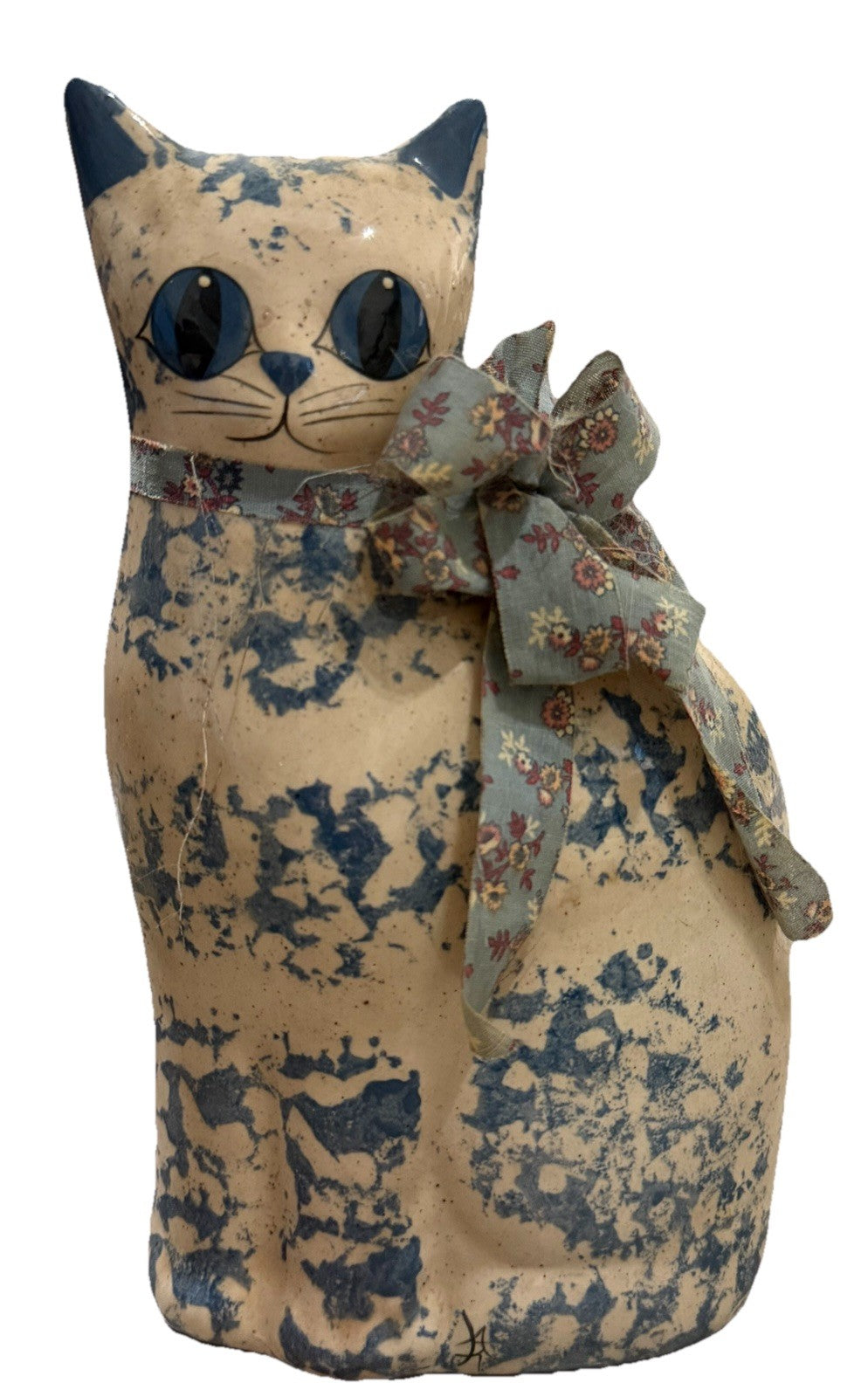 Katy’s “Country Charm” Ceramic Cat Figurine by Karen, blue floral pattern