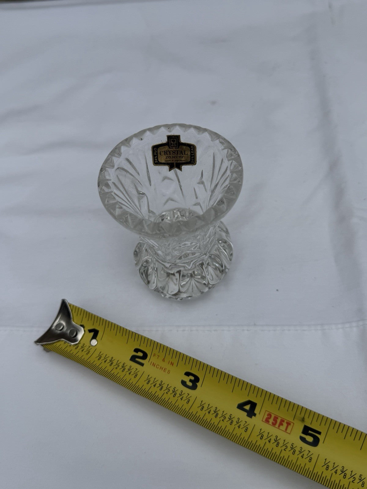 Vintage Zajecar Yugoslavia 24% Lead Crystal Mini Bud Vase Toothpick Holder Label