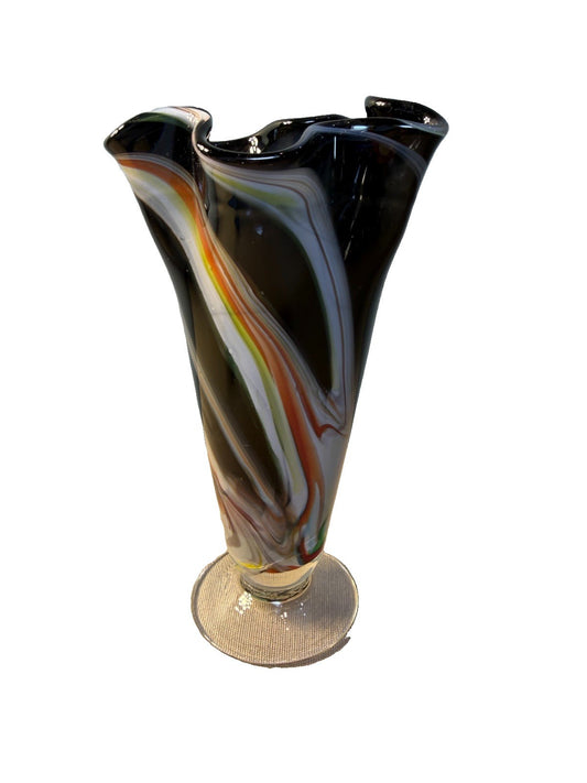 Vintage Swung Glass Vase Black Multicolor Footed Ruffled Art Glass 7.5" MCM