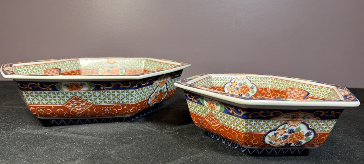 1982 Japanese Imari Porcelain Hexagonal Bowls Set 10” 8” Mann