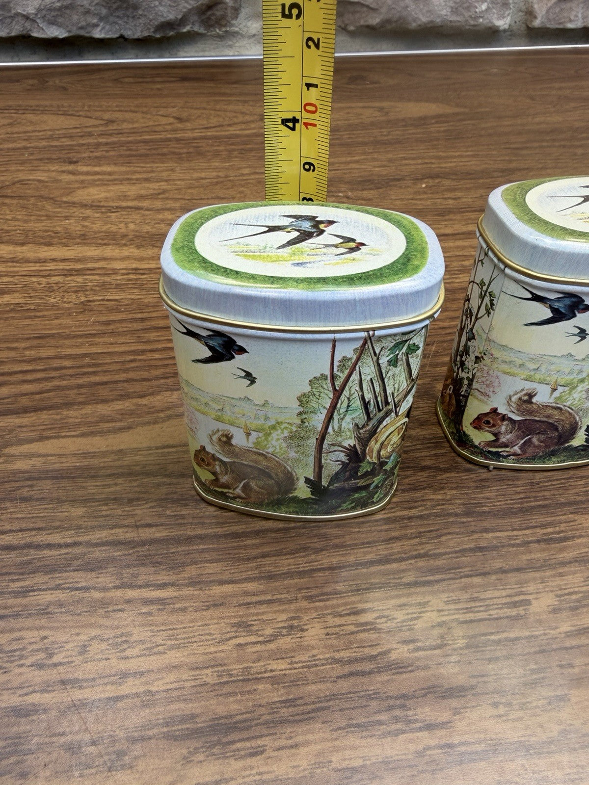 Vintage England Nesting Tin Set Birds Teapot Boot Squirrel 3 Piece Tin Lot