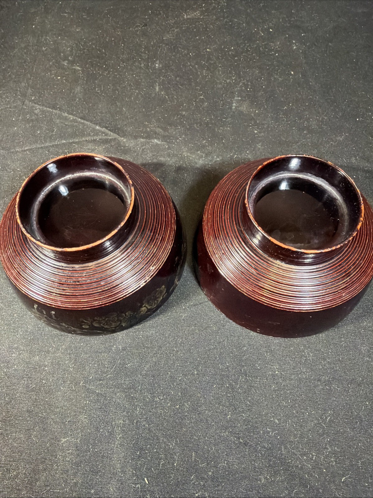 Japanese Lacquer Bowls Set of 2 Black Red Gold Leaves Miso Soup Rice 4.5”