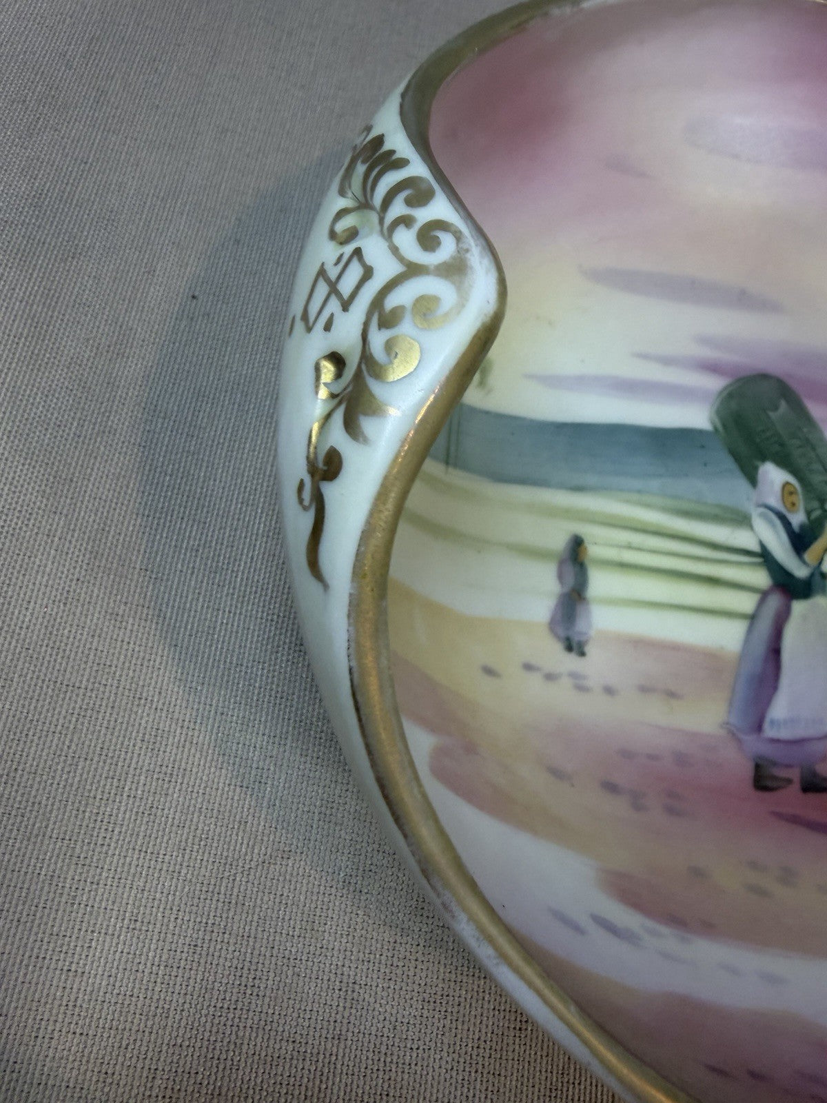 Vintage Nippon Hand Painted Ceramic Bowl Dutch Peasant Scene Floral Japan