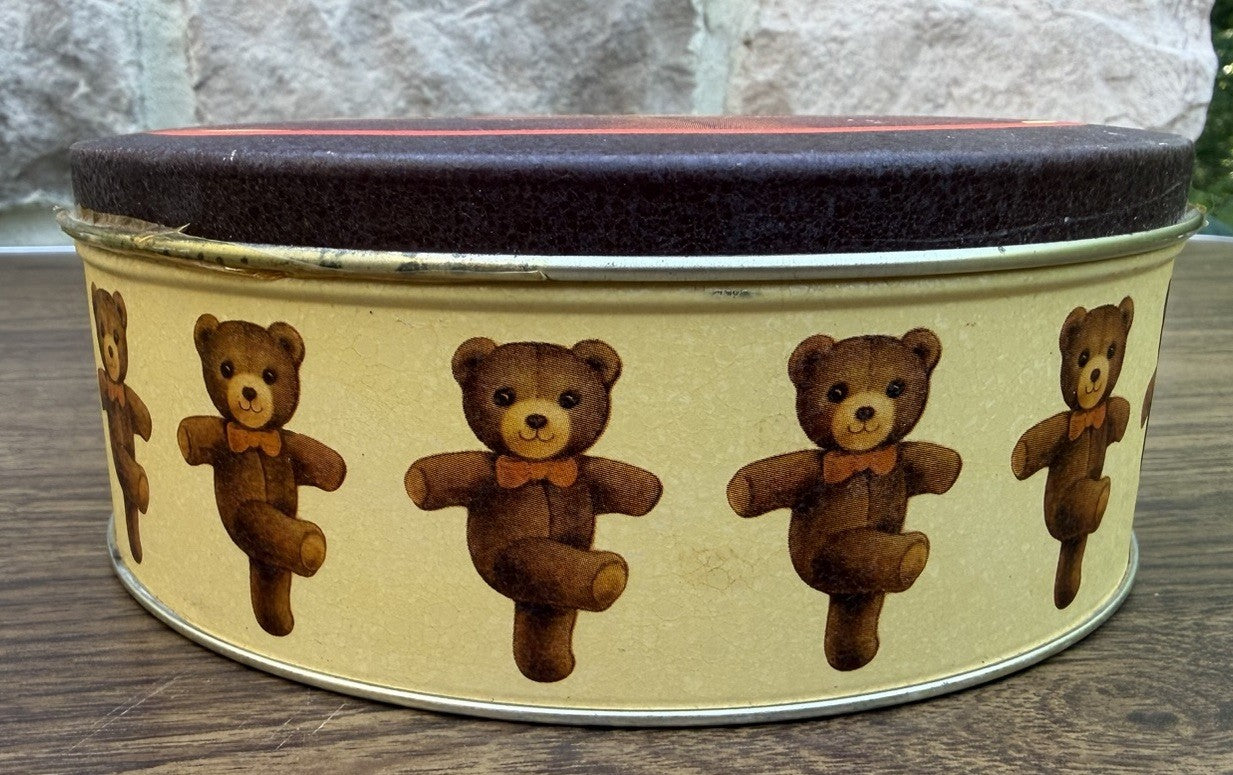 Vintage Teddy Bear Round Metal Tin Litho Cookie Biscuit Canister Dancing Bears