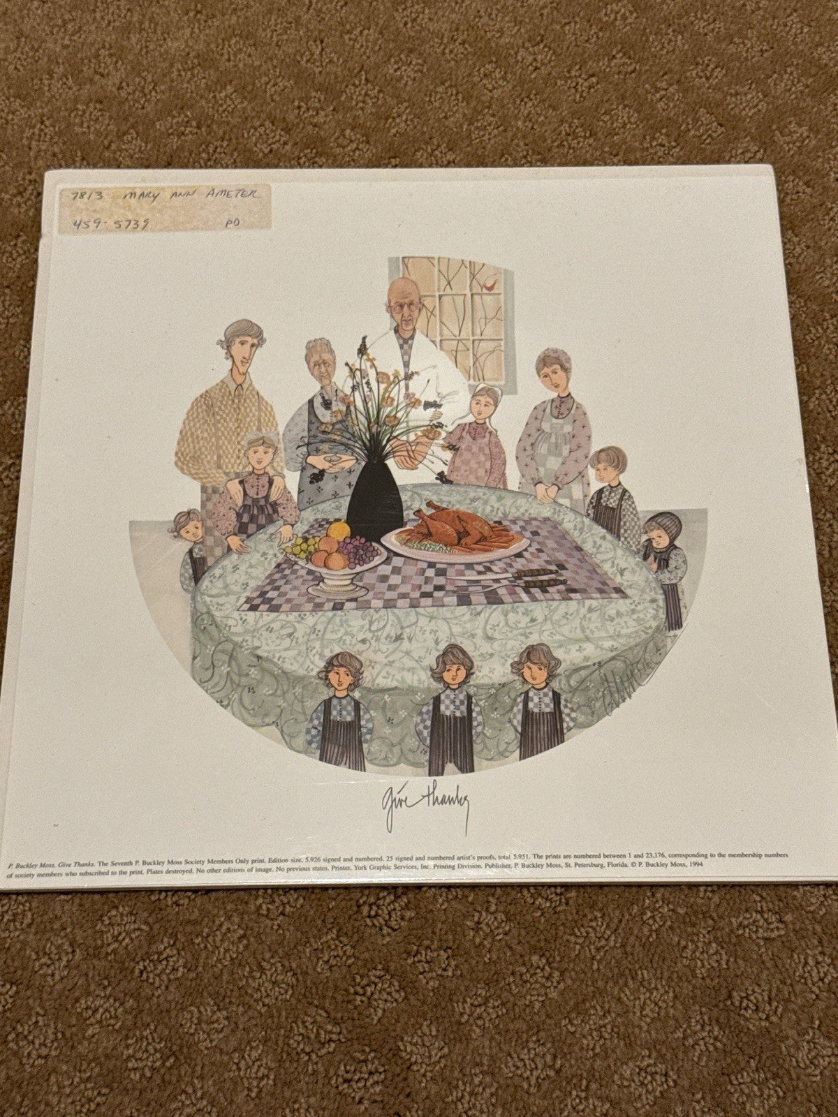 P Buckley Moss Give Thanks 1994 Lithograph Thanksgiving Amish Art Print No Frame