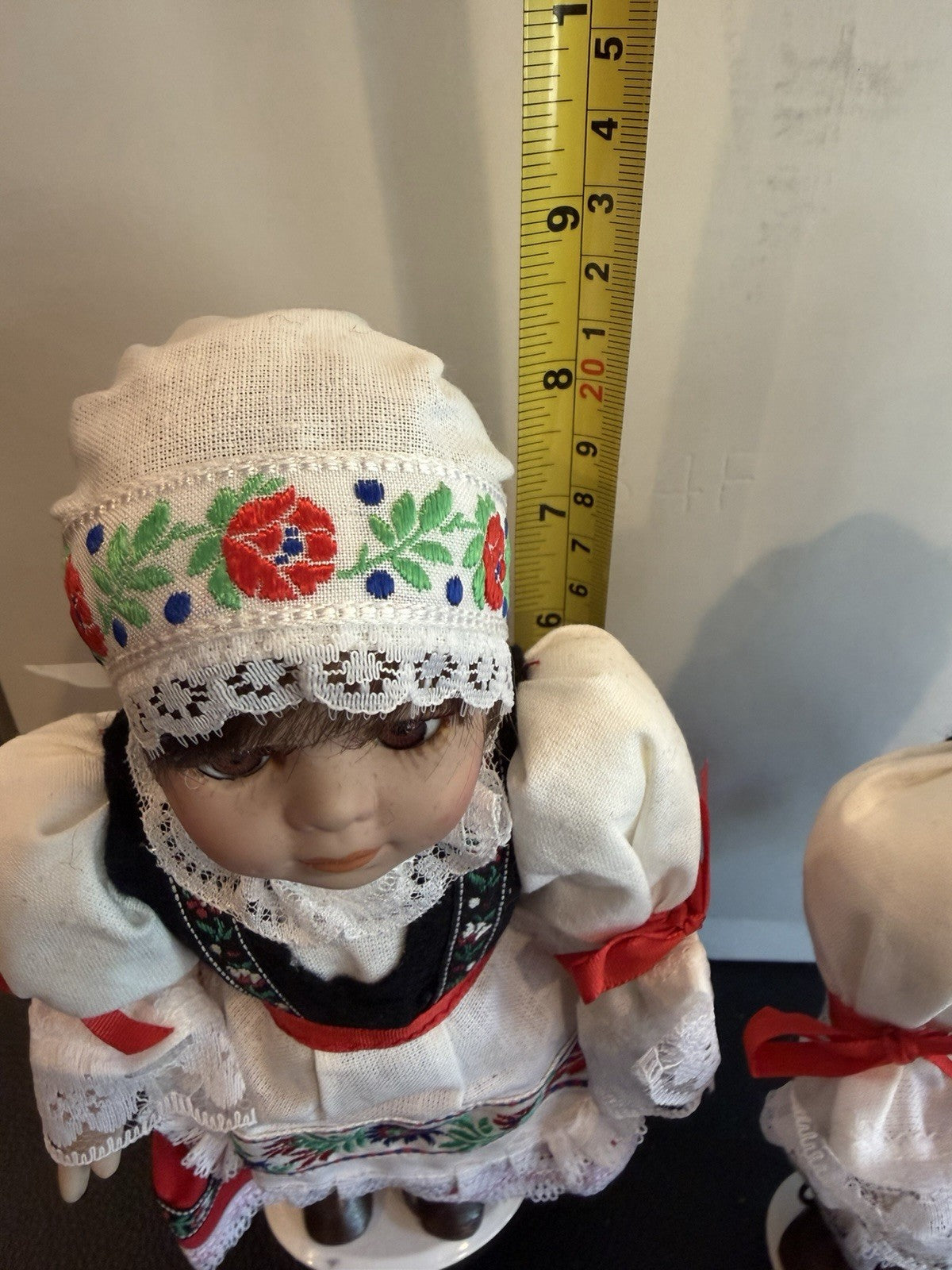 Vintage Porcelain Folk Costume Dolls Lot 2 Braided Hair Stands 8" Traditional